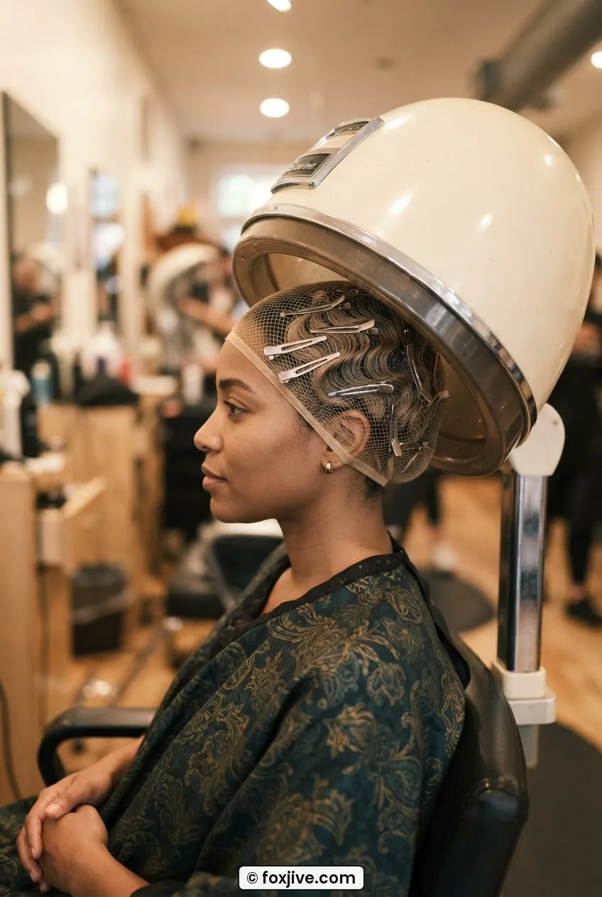 Woman seated under hooded bonnet dryer with fine mesh wave cap over fully clipped finger wave set in warm light