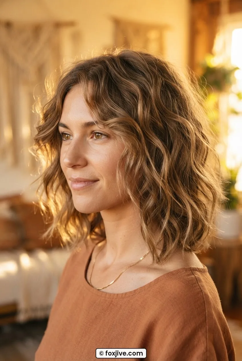 Woman with wavy bohemian shag showing springy separated 2B wave layers with wispy point-cut ends