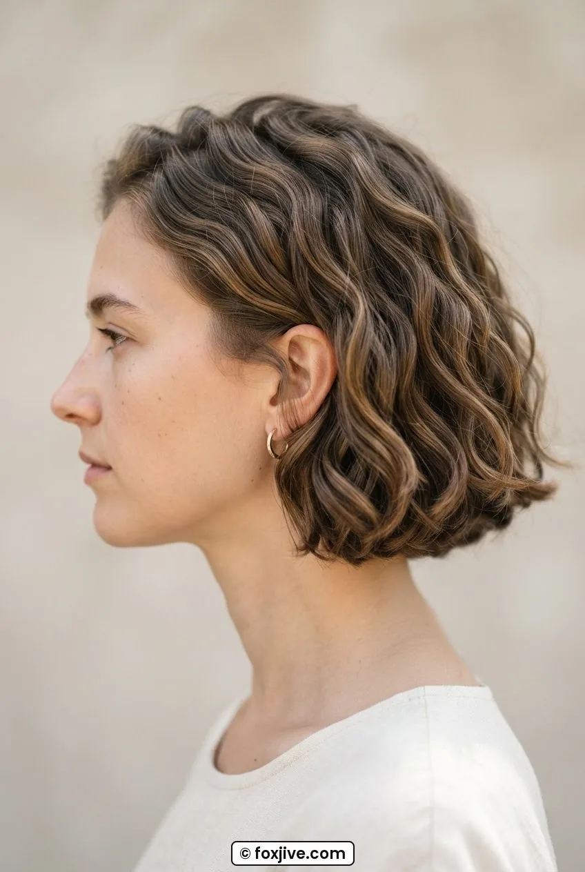 Woman with wavy french bob showing soft natural texture and weighted blunt ends in side profile