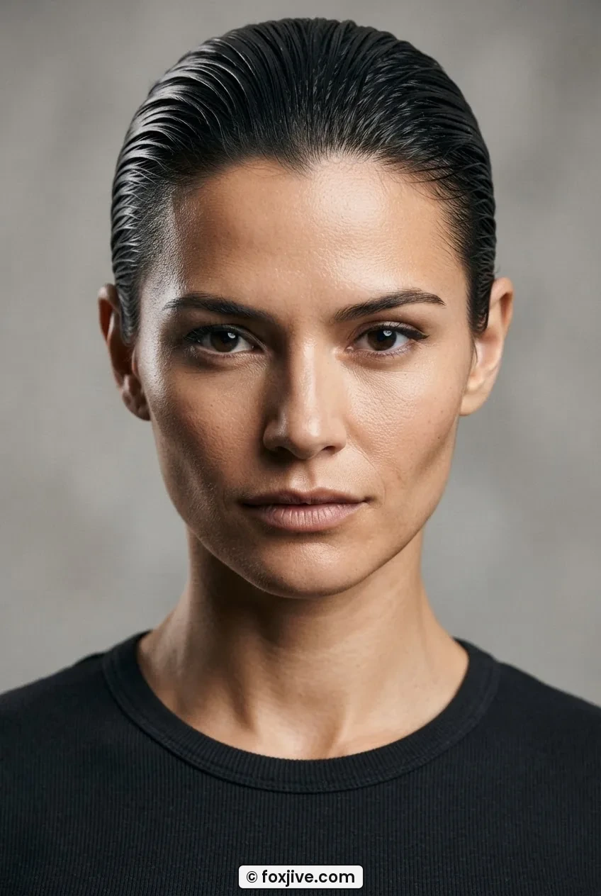 Woman with dark hair slicked straight back in a wet gel finish, strong sheen visible on every strand, nineties sleek style