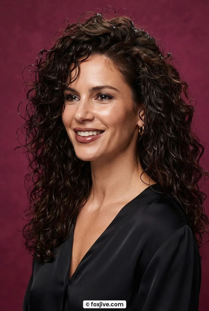 Woman with gel-set wet-look defined curls throughout long hair showing high shine against a deep magenta backdrop
