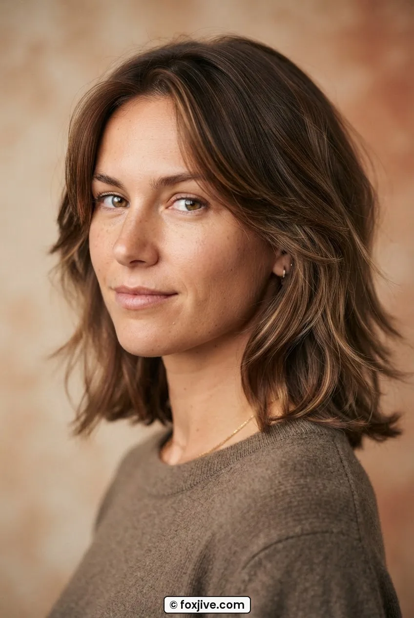 Woman with barely-there whisper shag showing long gradual layers with minimal texture in soft even studio lighting