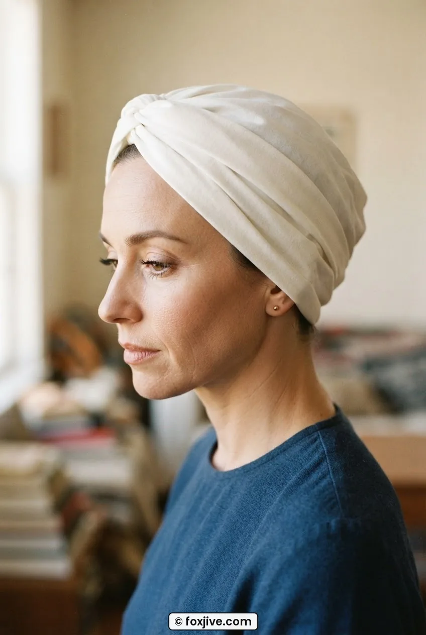 Woman with classic white cotton wartime-style twisted turban knot in warm window light, side profile portrait