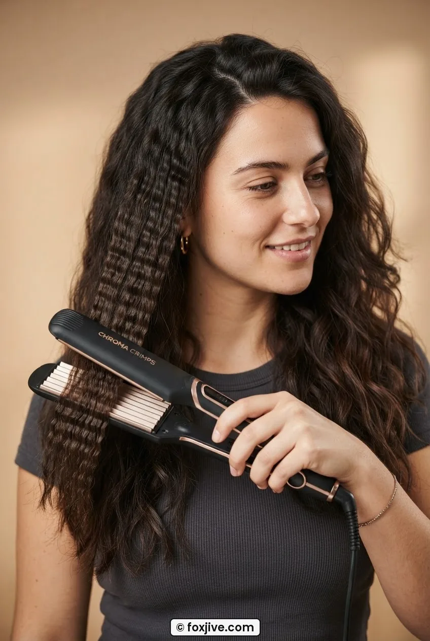 Woman with thick dark hair holding a wide-plate crimping iron beside a section of deeply defined crimped waves