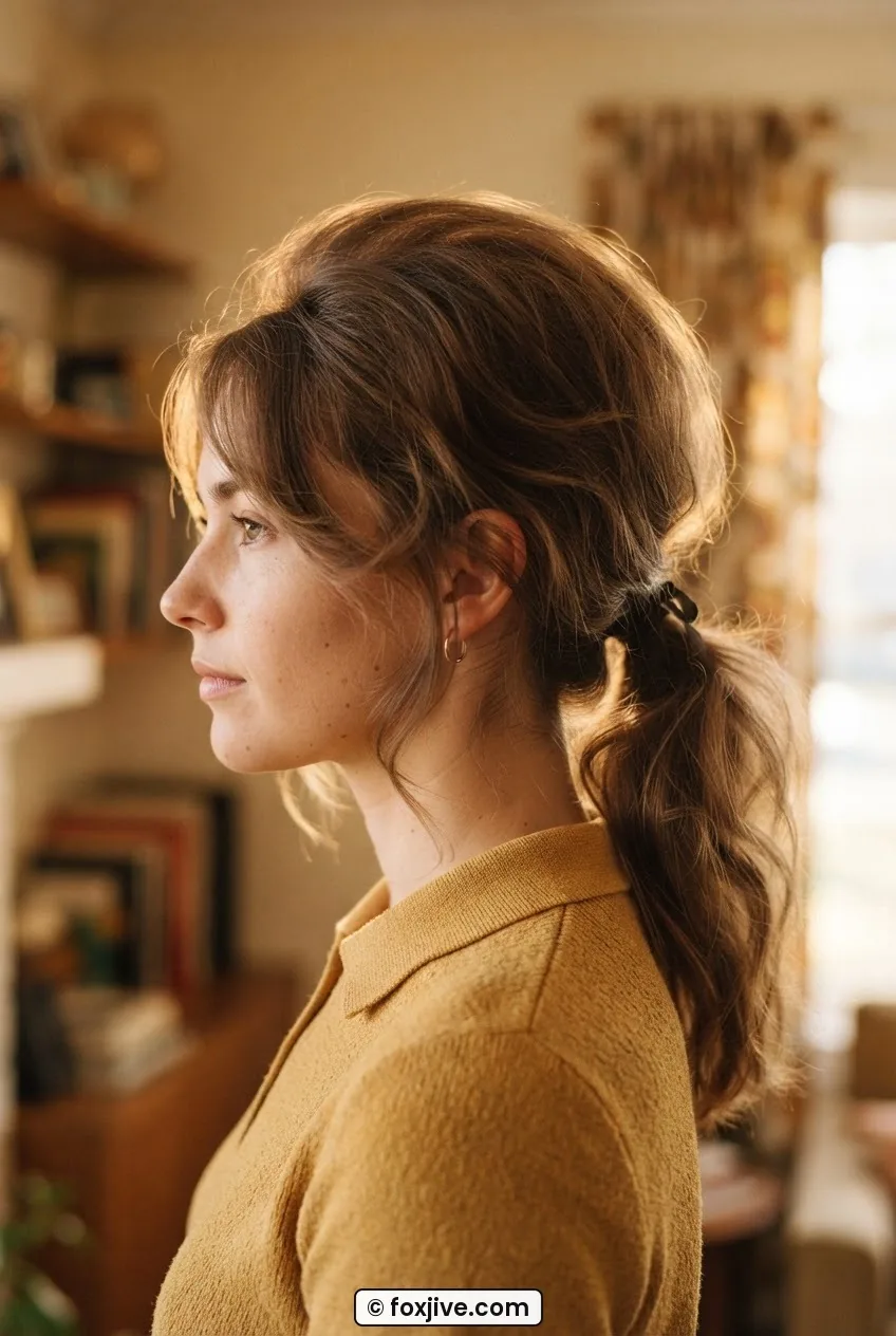 Side profile of woman with low wispy ponytail showing backcombed crown volume and face-framing tendrils in warm light