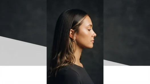 Woman with long Y2K-style hair featuring face-framing highlighted pieces and loose wave ends in amber studio light