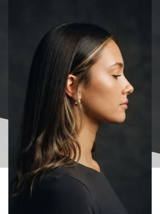Woman with long Y2K-style hair featuring face-framing highlighted pieces and loose wave ends in amber studio light