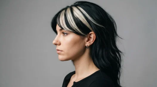 Woman with bold chunky highlights and dramatic side-swept fringe in side profile against grey backdrop