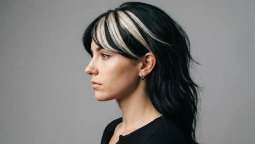 Woman with bold chunky highlights and dramatic side-swept fringe in side profile against grey backdrop