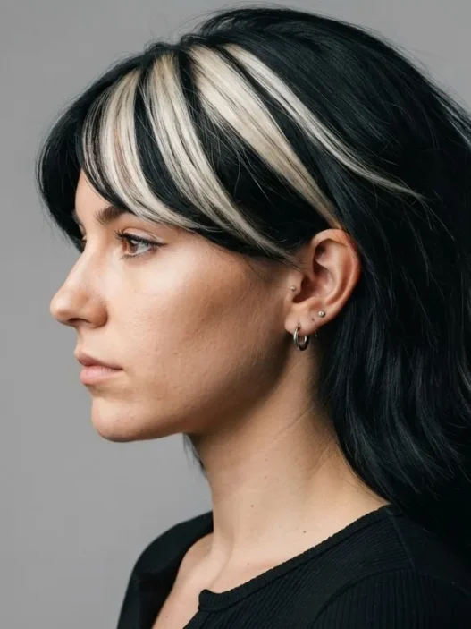 Woman with bold chunky highlights and dramatic side-swept fringe in side profile against grey backdrop