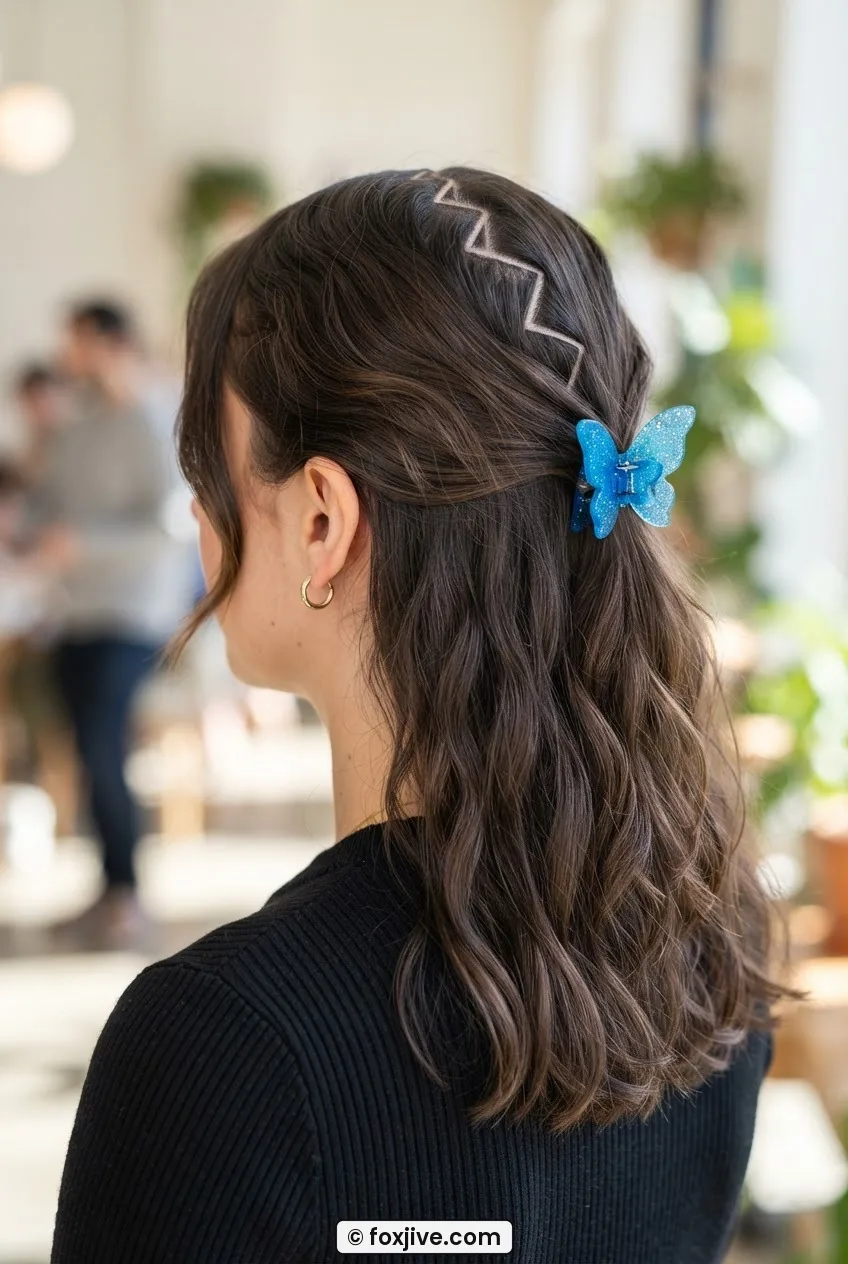 Three quarter back view of woman with a zigzag center part and one butterfly clip pinning back a section behind her ear