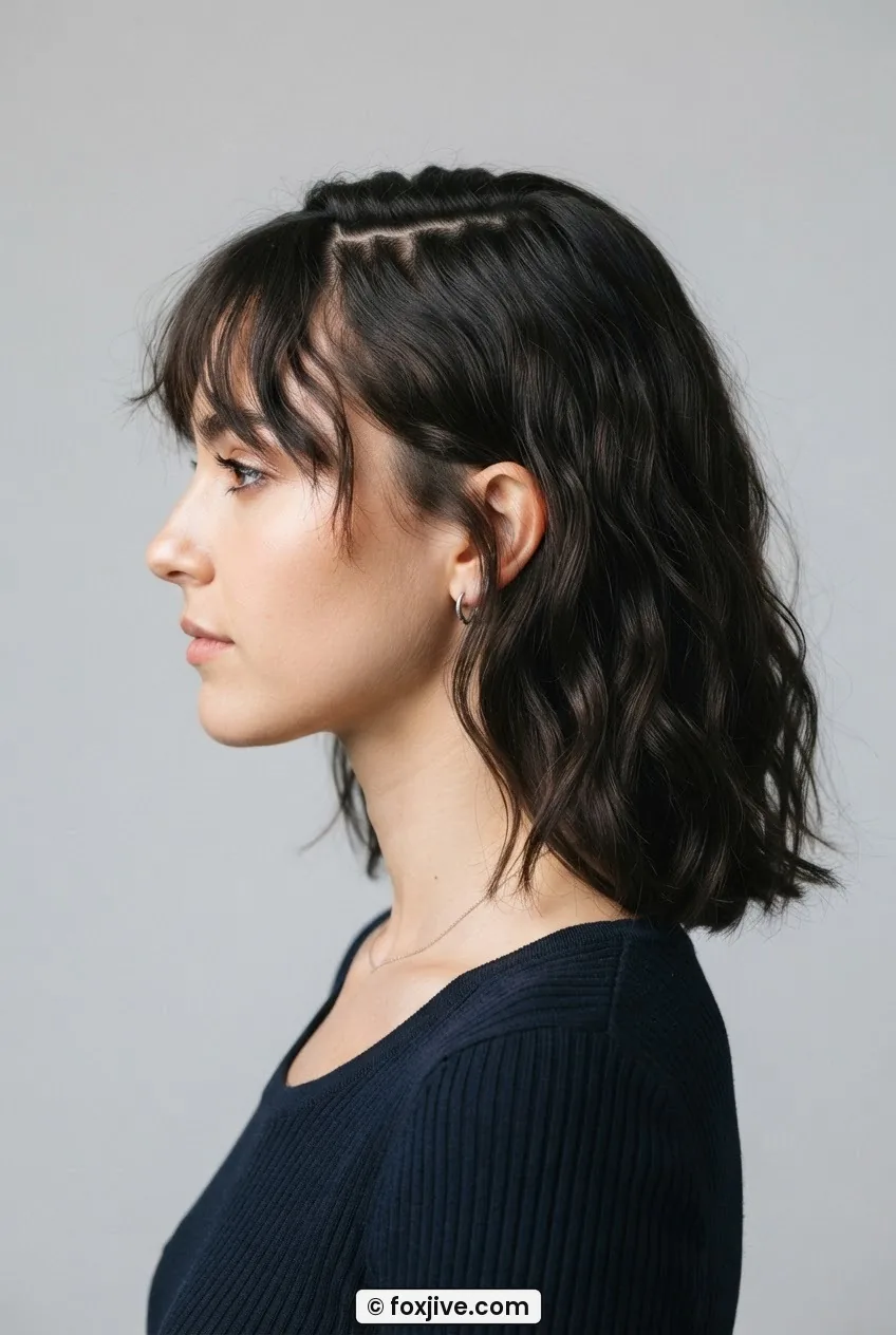 Woman with a zigzag part and wispy soft fringe falling across her forehead, dark wavy hair in side profile